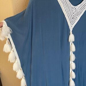 Chic Blue long Kaftan with White Tassels